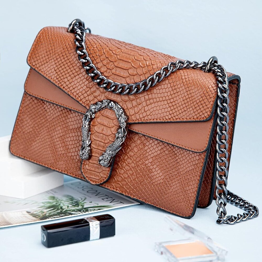 ⚡ Women's Vintage Snake Print Leather Crossbody Shoulder Square Brown Handbag